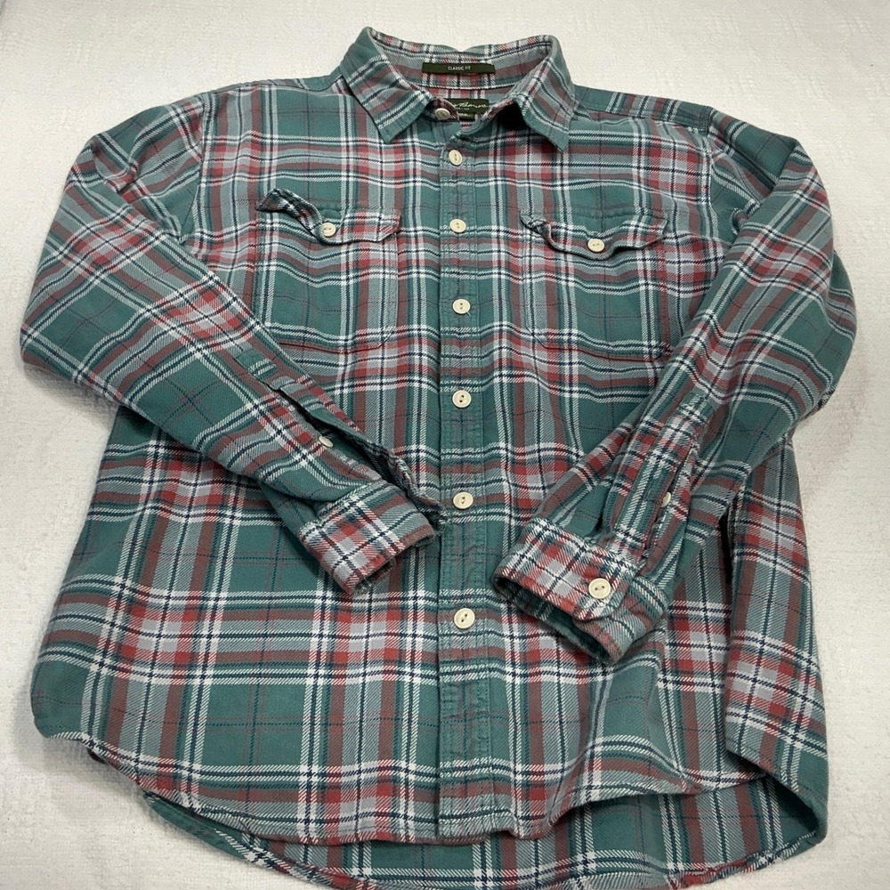 Eddie Bauer Mens Classic Fit Flannel Shirt Large Teal Red Plaid Long Sleeve L - Picture 6 of 10